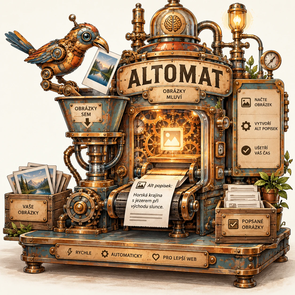 Illustration of a brass Altomat machine with a mechanical bird, photographs, and a printed ALT description.